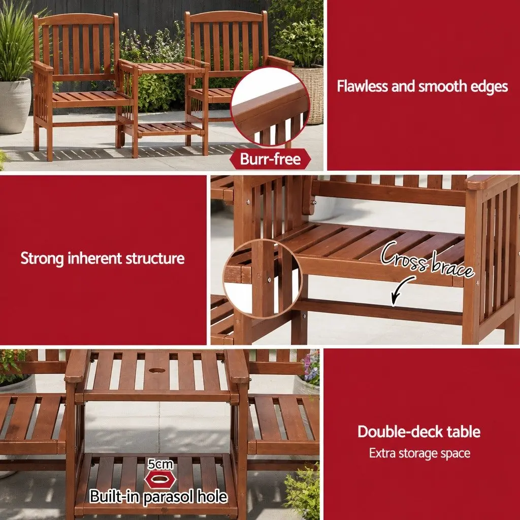 Garden Bench Wooden 2-Seater Loveseat Outdoor Furniture with Table Brown
