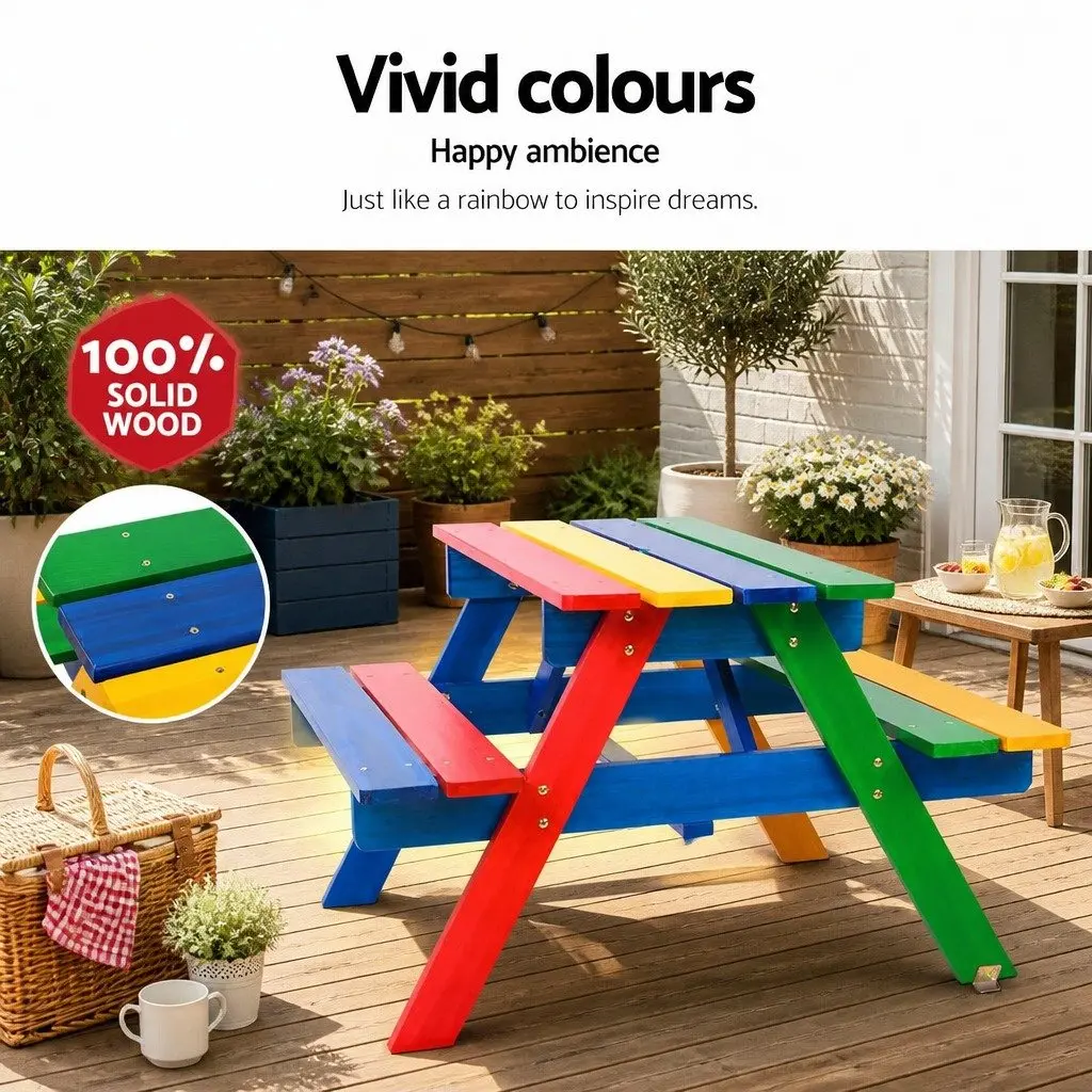 Kids Wooden Picnic Table Set Multicoloured Outdoor Indoor 75cm L x 40cm W x 54cm H