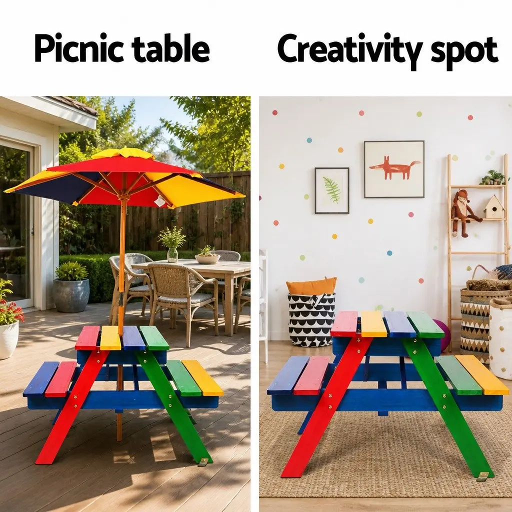 Kids Wooden Picnic Table Set Multicoloured Outdoor Indoor 75cm L x 40cm W x 54cm H