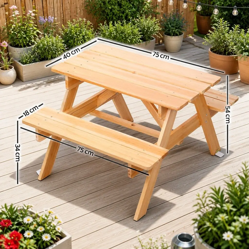Kids Wooden Picnic Table Set Natural Wood 75cm x 40cm with Benches and Umbrella for Outdoor Indoor Play
