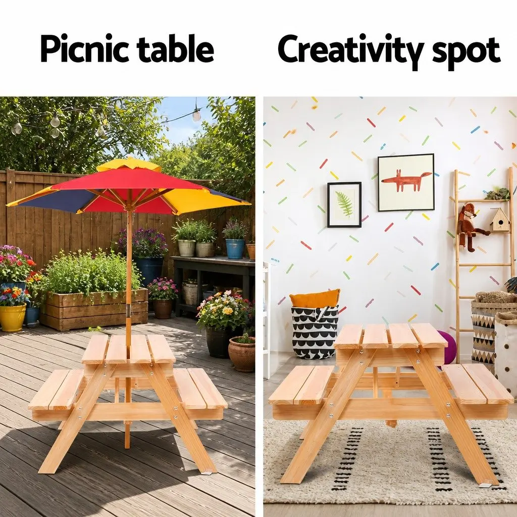 Kids Wooden Picnic Table Set Natural Wood 75cm x 40cm with Benches and Umbrella for Outdoor Indoor Play