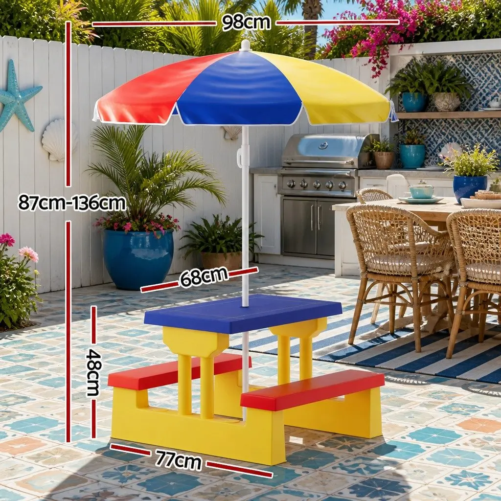 Kids Table and Chairs Set with Umbrella Indoor Outdoor Picnic Bench Play