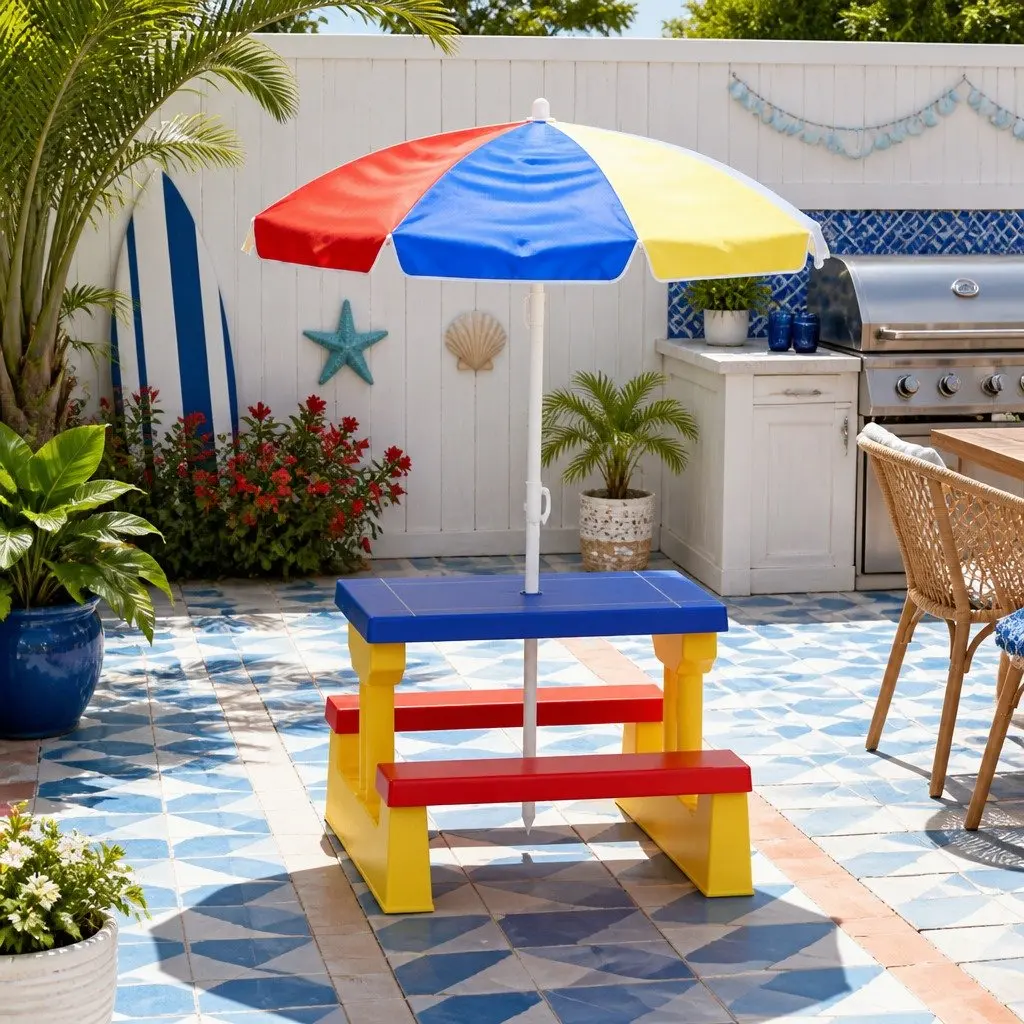 Kids Table and Chairs Set with Umbrella Indoor Outdoor Picnic Bench Play