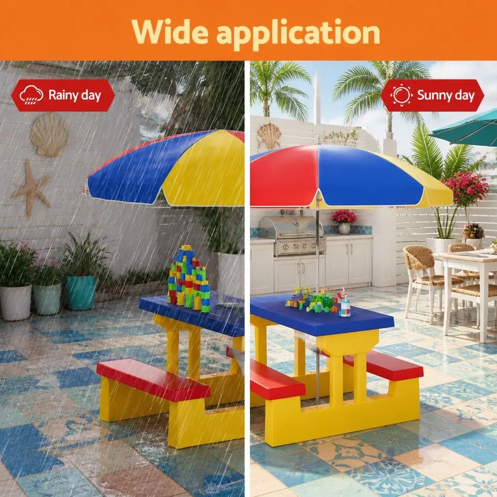 Kids Table and Chairs Set with Umbrella Indoor Outdoor Picnic Bench Play