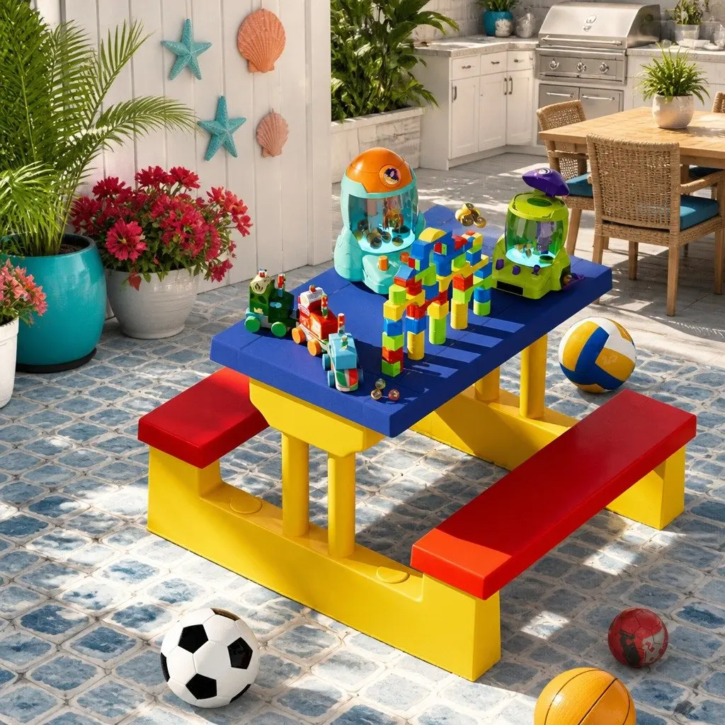 Kids Table and Chairs Set with Umbrella Indoor Outdoor Picnic Bench Play