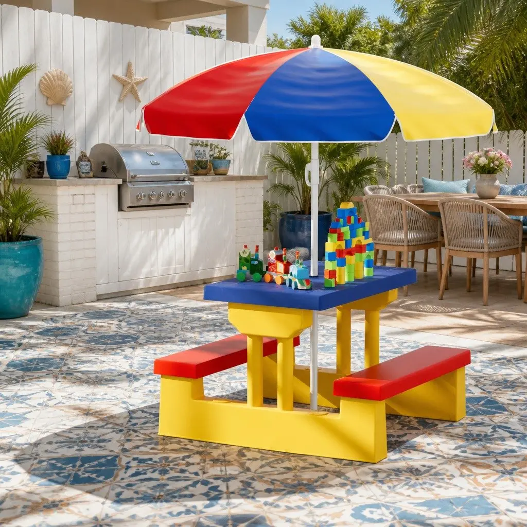Kids Table and Chairs Set with Umbrella Indoor Outdoor Picnic Bench Play
