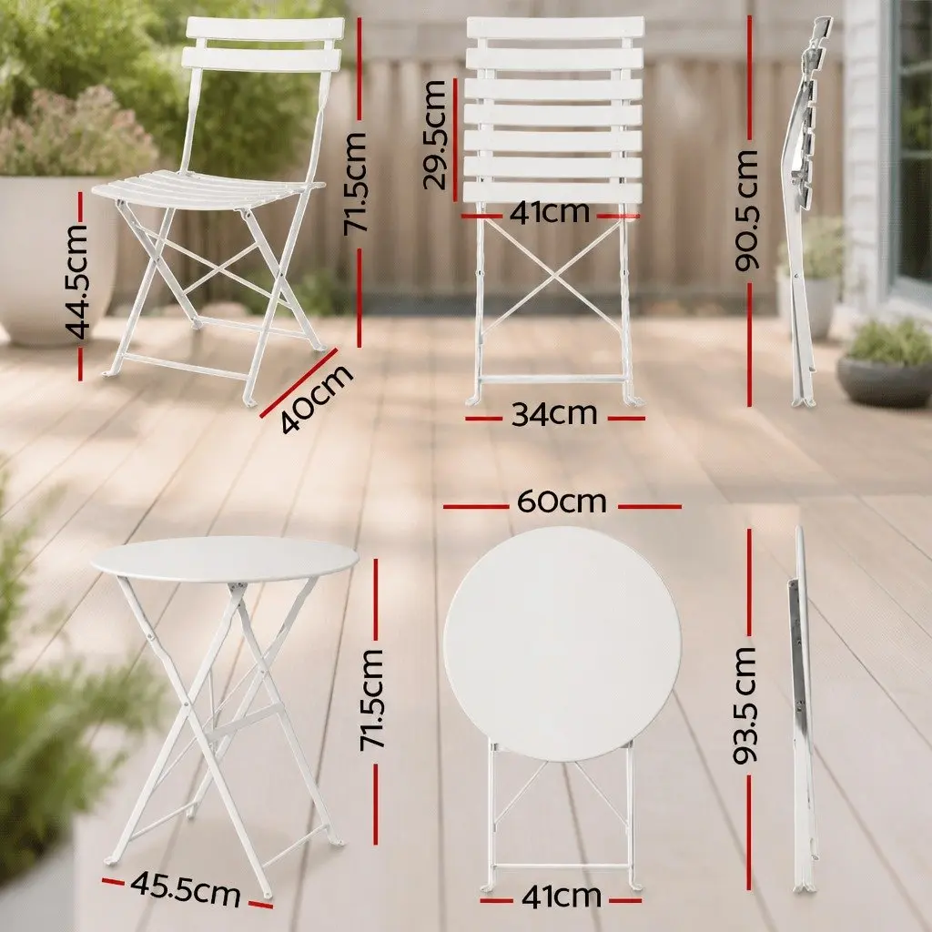 3 Piece Outdoor Bistro Set Steel Table Chairs Patio Furniture White Foldable