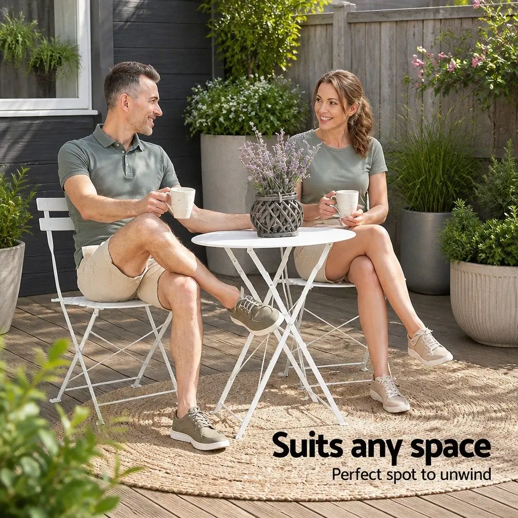 3 Piece Outdoor Bistro Set Steel Table Chairs Patio Furniture White Foldable
