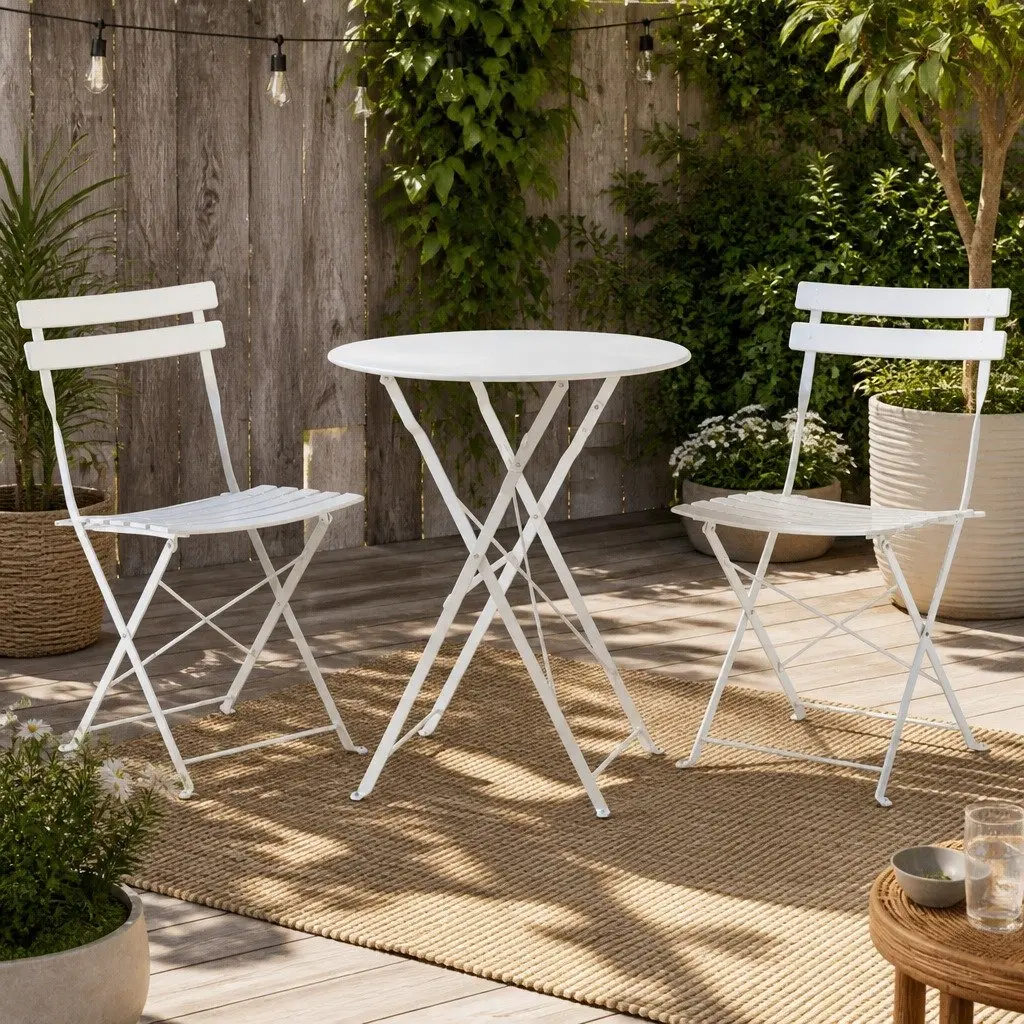 3 Piece Outdoor Bistro Set Steel Table Chairs Patio Furniture White Foldable