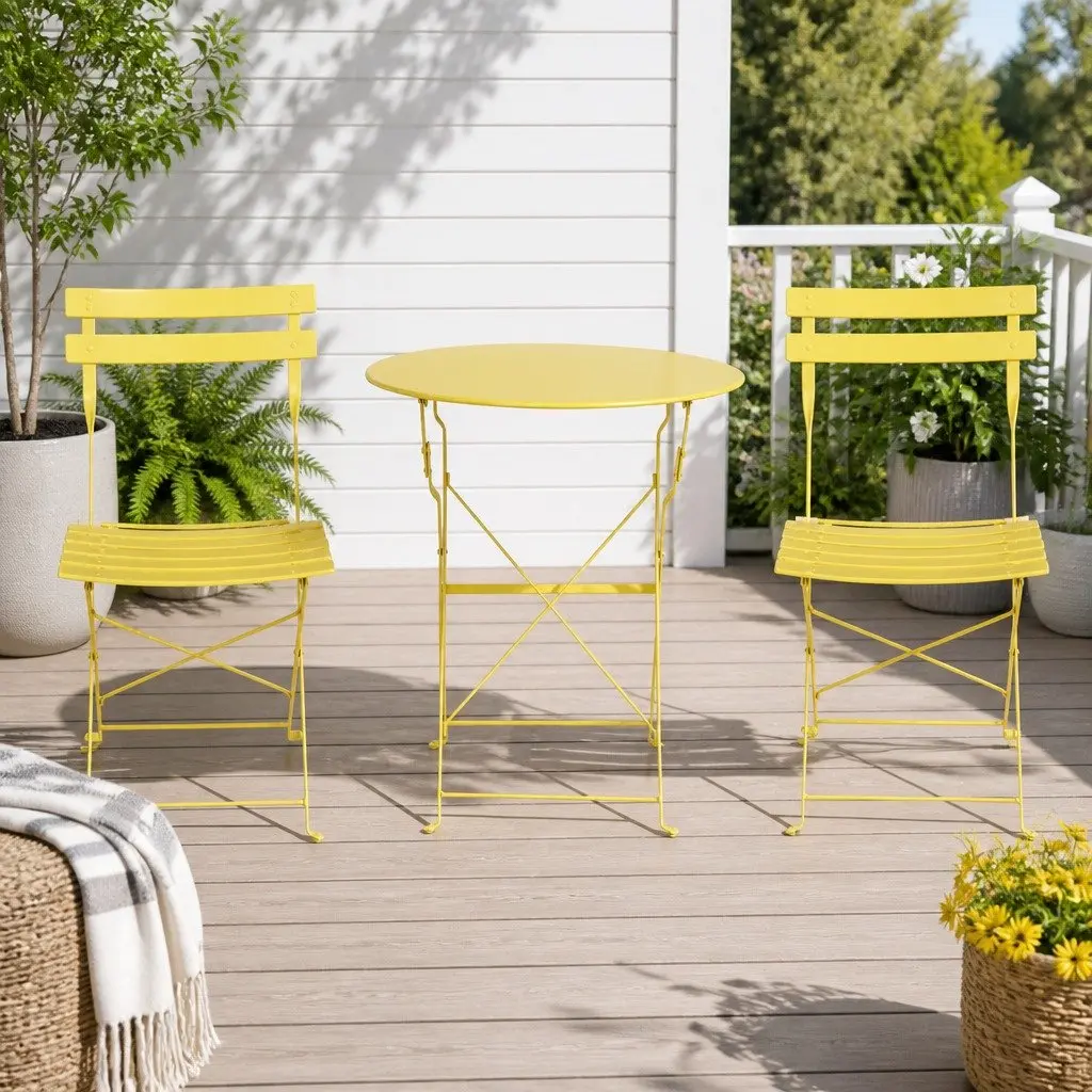 Outdoor Bistro Set Foldable Yellow Steel Table and Chairs 3 Piece