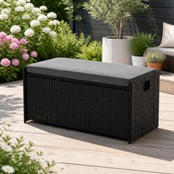 Outdoor Storage Bench Box Wicker Garden Patio Furniture Seat with Cushion Black