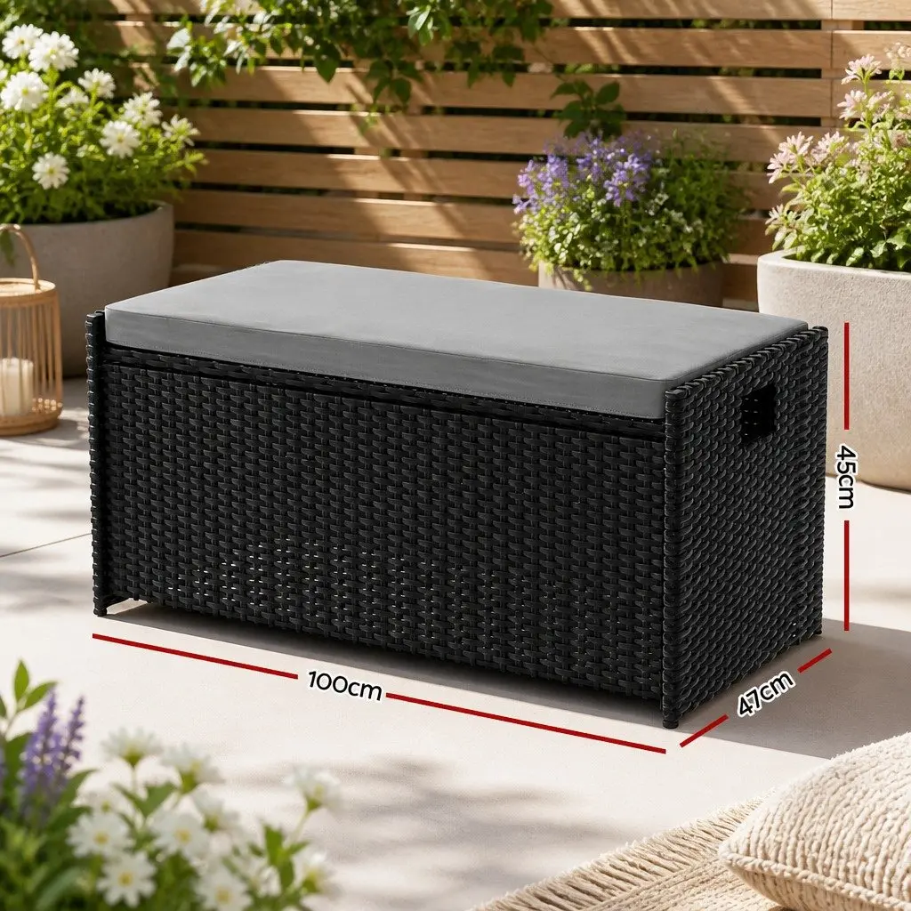 Outdoor Storage Bench Wicker PE Wicker Steel Frame 100cm Black