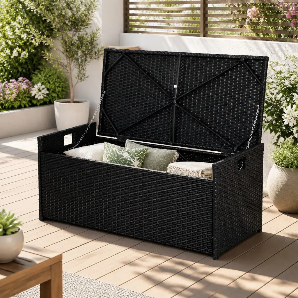 Outdoor Storage Bench Wicker PE Wicker Steel Frame 100cm Black
