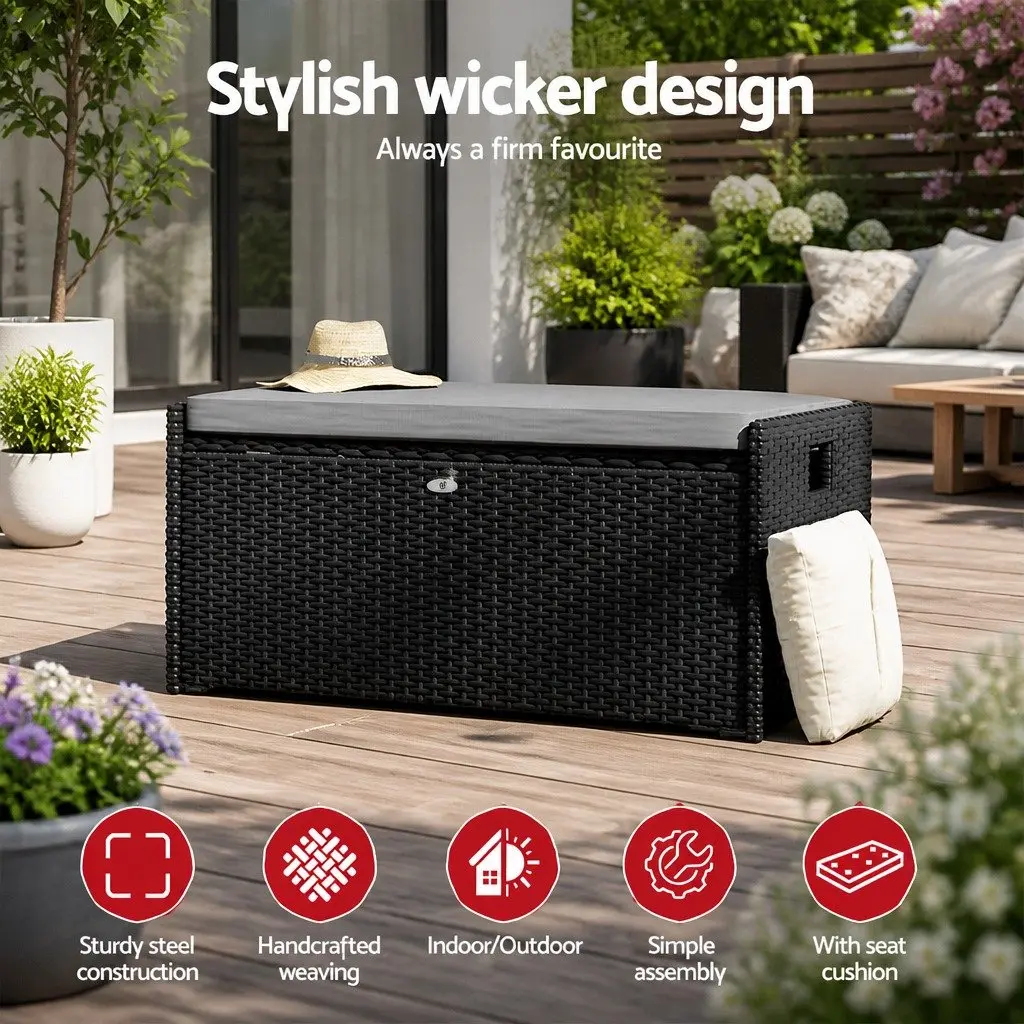 Outdoor Storage Bench Wicker PE Wicker Steel Frame 100cm Black