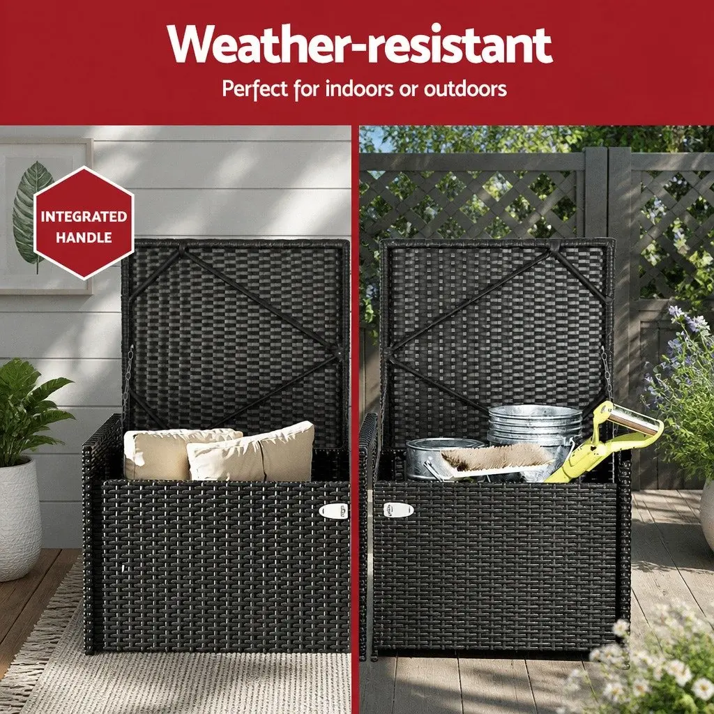 Outdoor Storage Bench Wicker PE Wicker Steel Frame 100cm Black