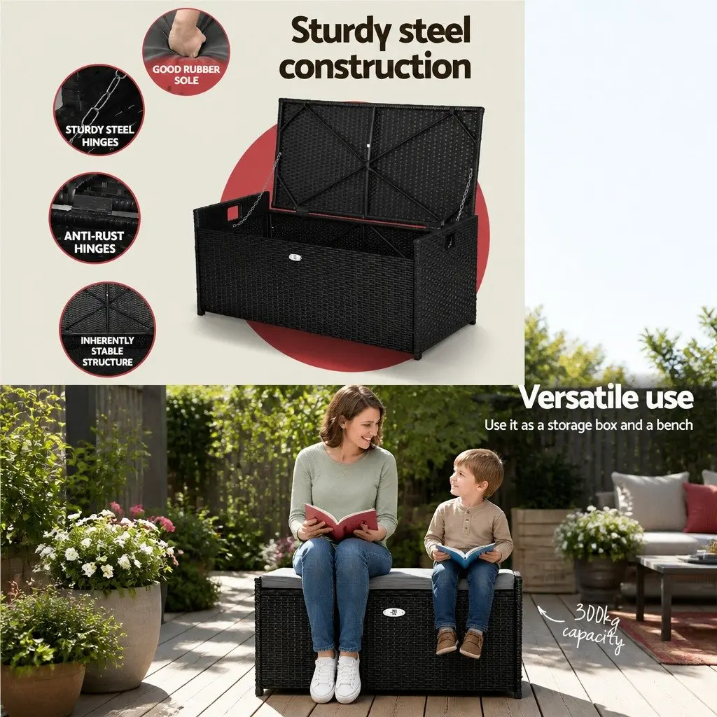 Outdoor Storage Bench Wicker PE Wicker Steel Frame 100cm Black