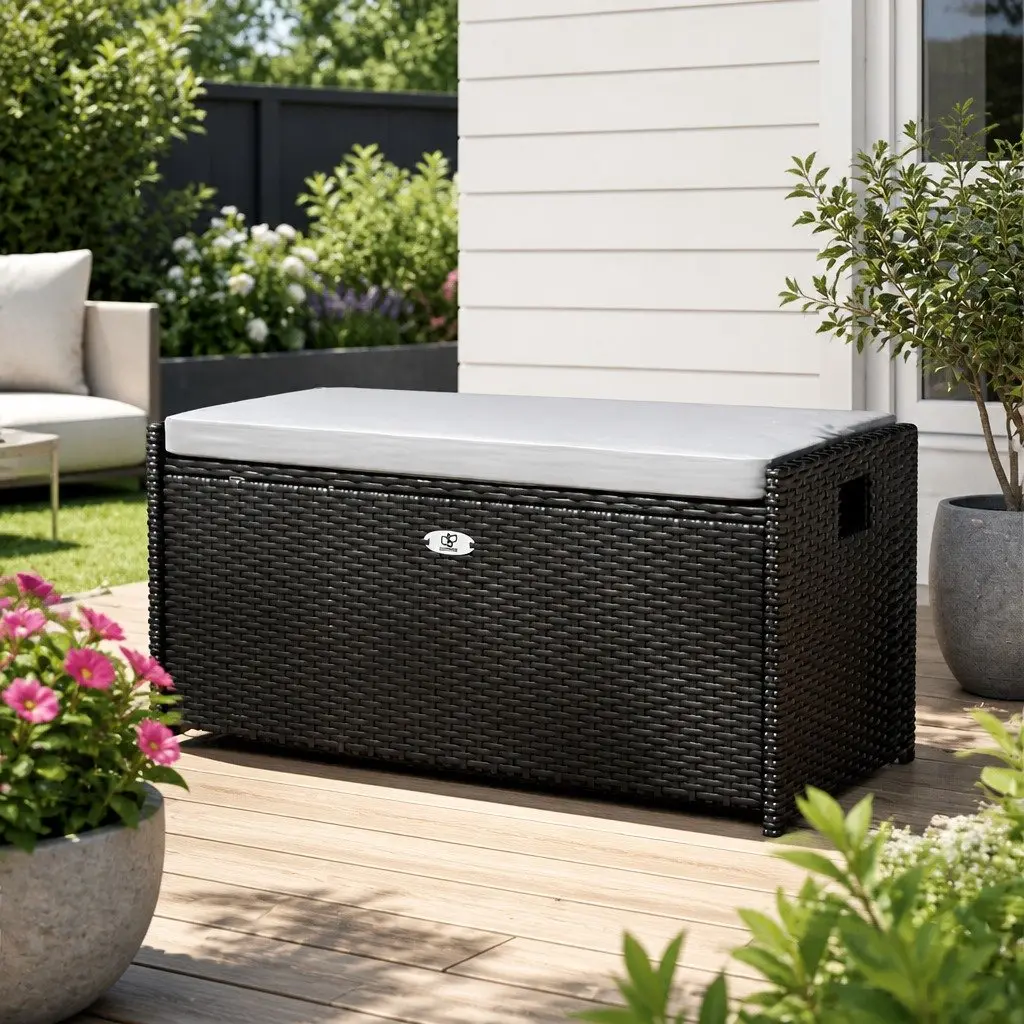 Outdoor Storage Bench Wicker PE Wicker Steel Frame 100cm Black