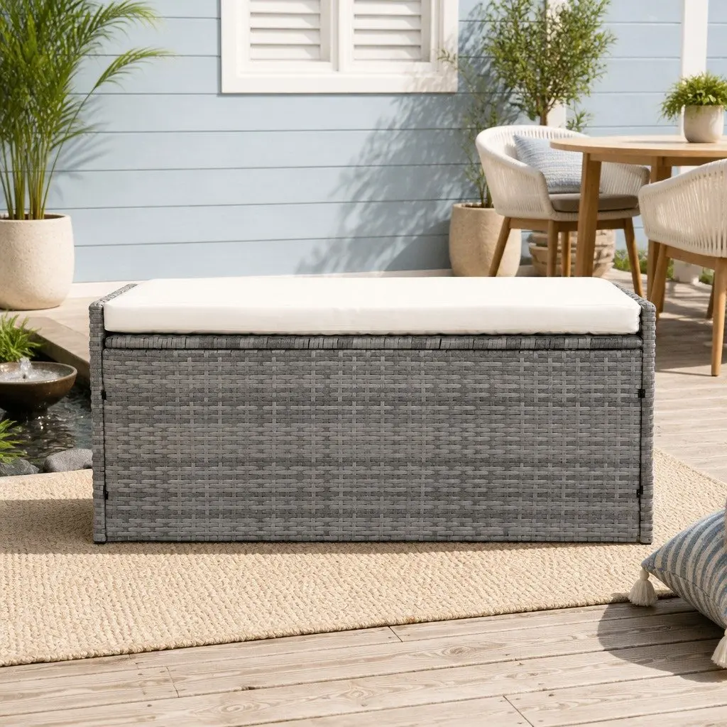 Outdoor Storage Bench Wicker 100cm Grey