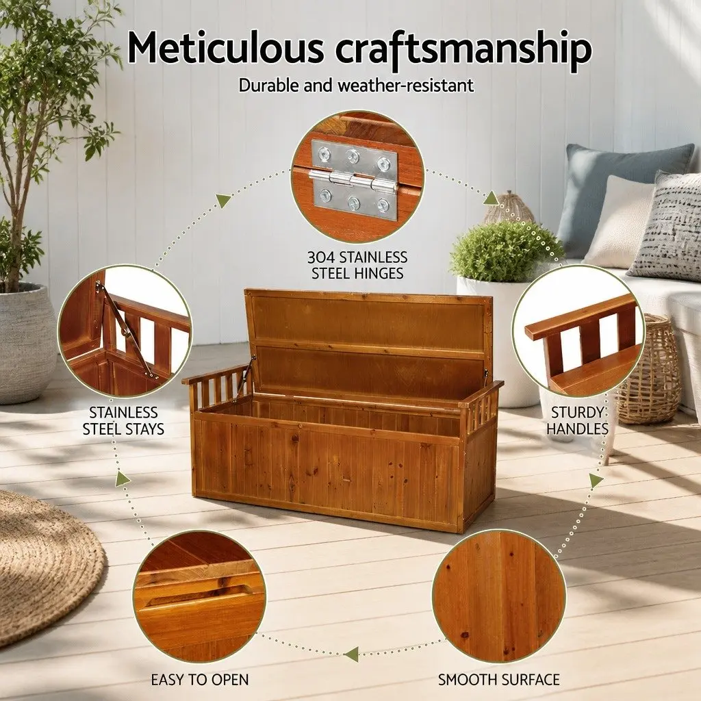 Outdoor Storage Bench Box Wooden 129cm Natural Garden Seat Patio Furniture
