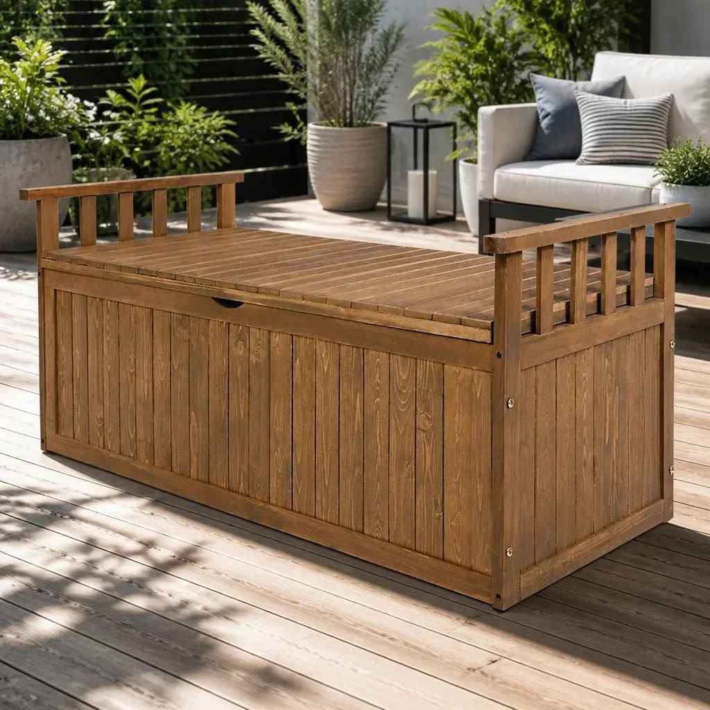 Outdoor Storage Bench Box Wooden 129cm Natural Garden Seat Patio Furniture