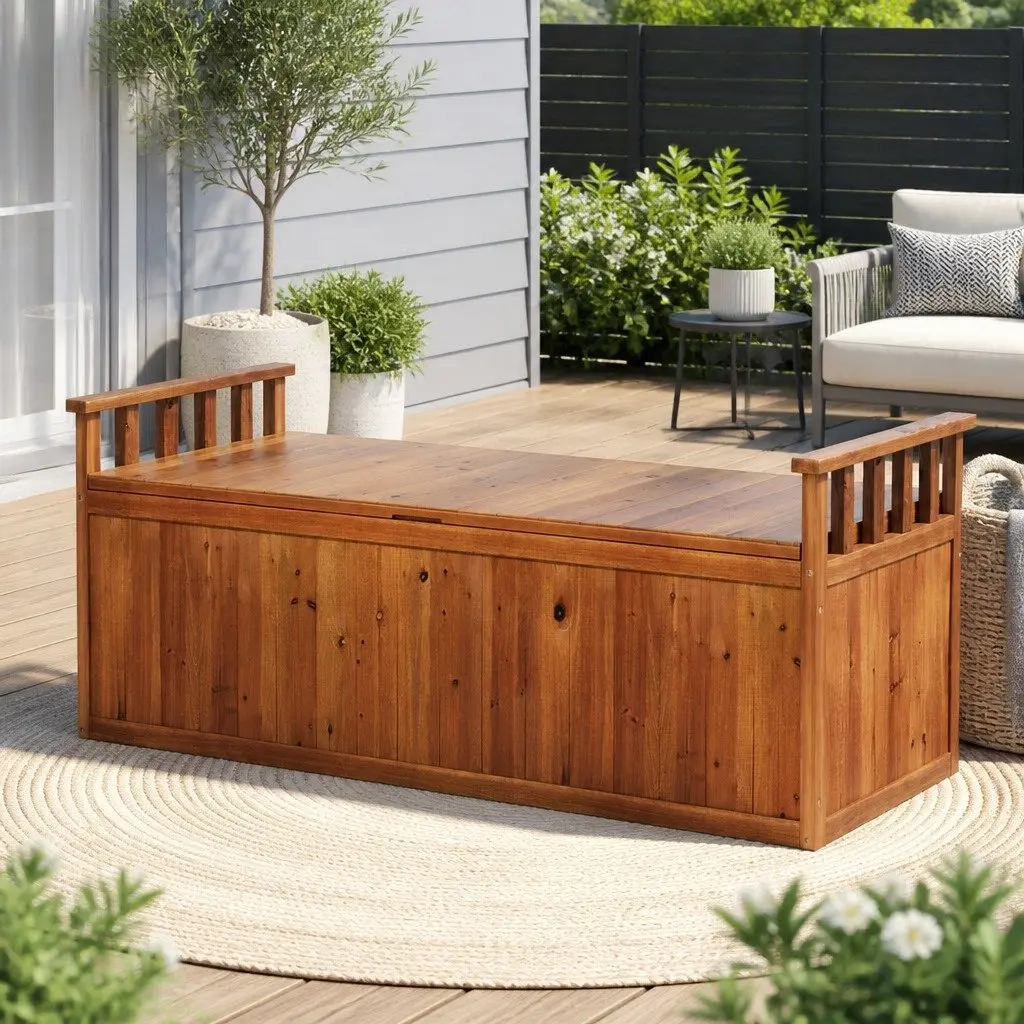 Outdoor Storage Bench Box Wooden 129cm Natural Garden Seat Patio Furniture