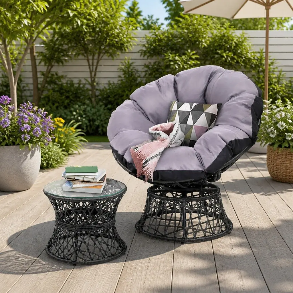 Papasan Chair and Side Table Set Outdoor Garden Lounge Wicker Furniture Black