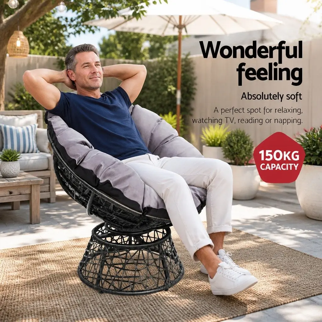 Papasan Chair and Side Table Set Outdoor Garden Lounge Wicker Furniture Black