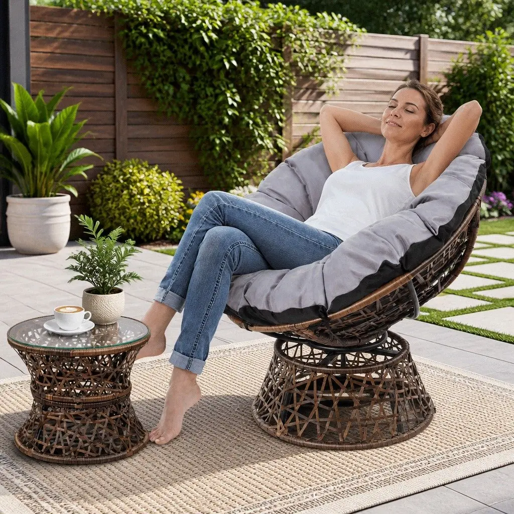 Papasan Chair and Side Table Set PE-Wicker Steel Frame 85cm x 73cm x 89cm Brown