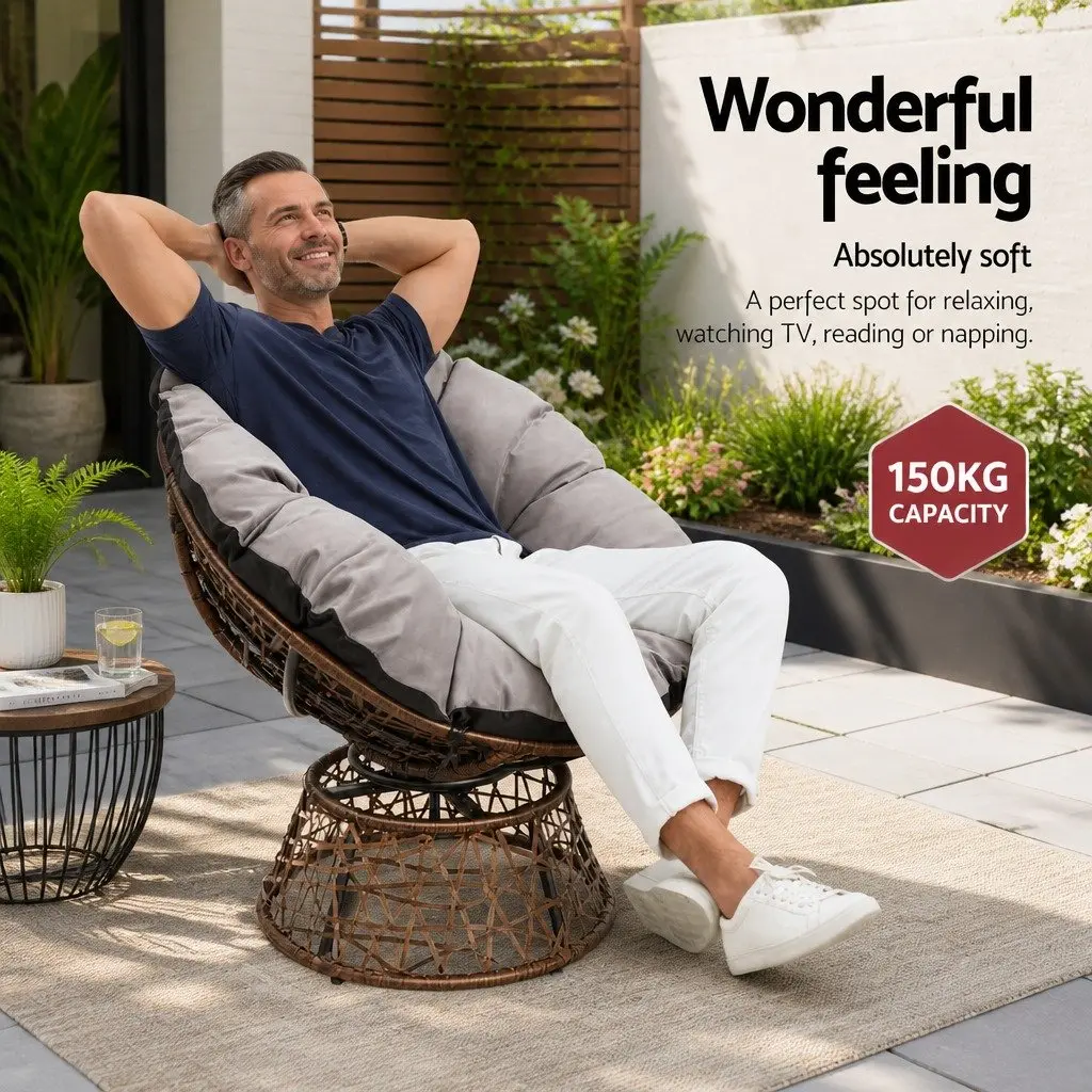 Papasan Chair and Side Table Set PE-Wicker Steel Frame 85cm x 73cm x 89cm Brown