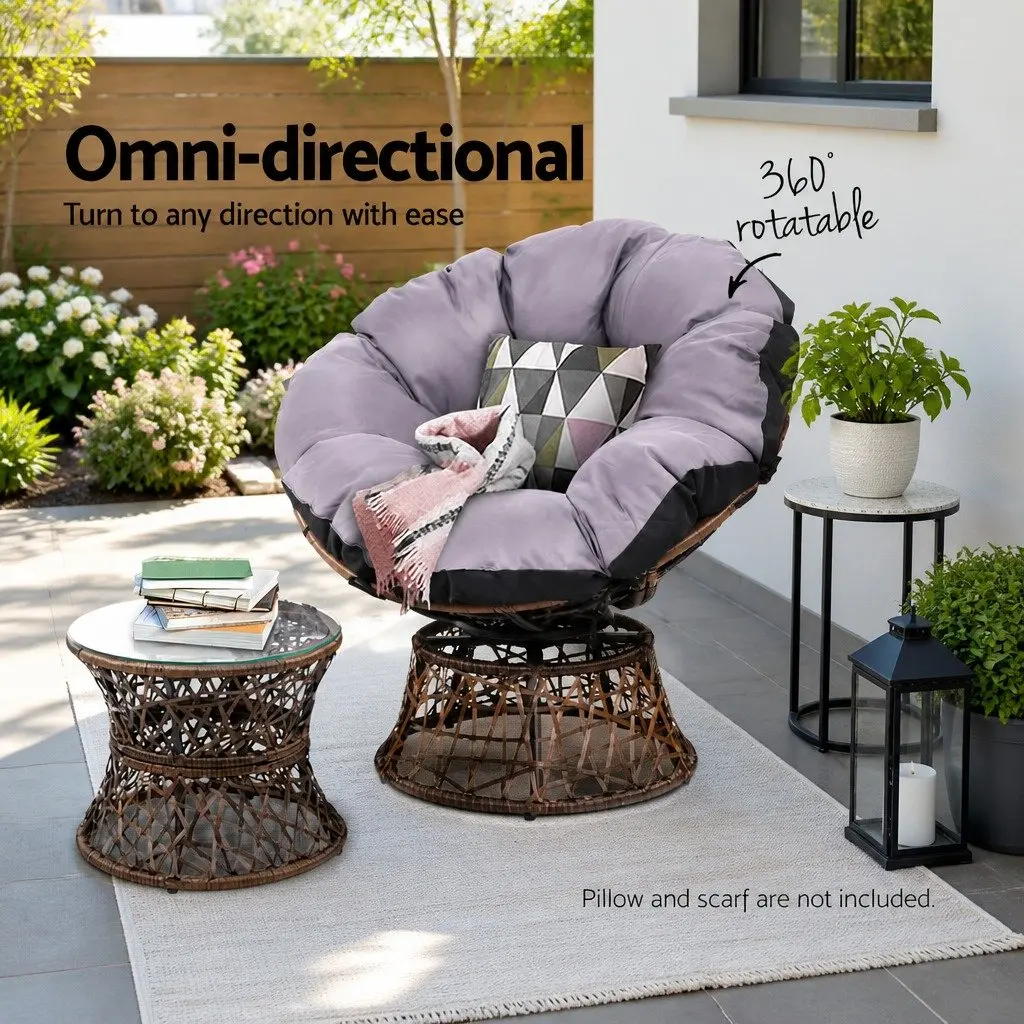 Papasan Chair and Side Table Set PE-Wicker Steel Frame 85cm x 73cm x 89cm Brown