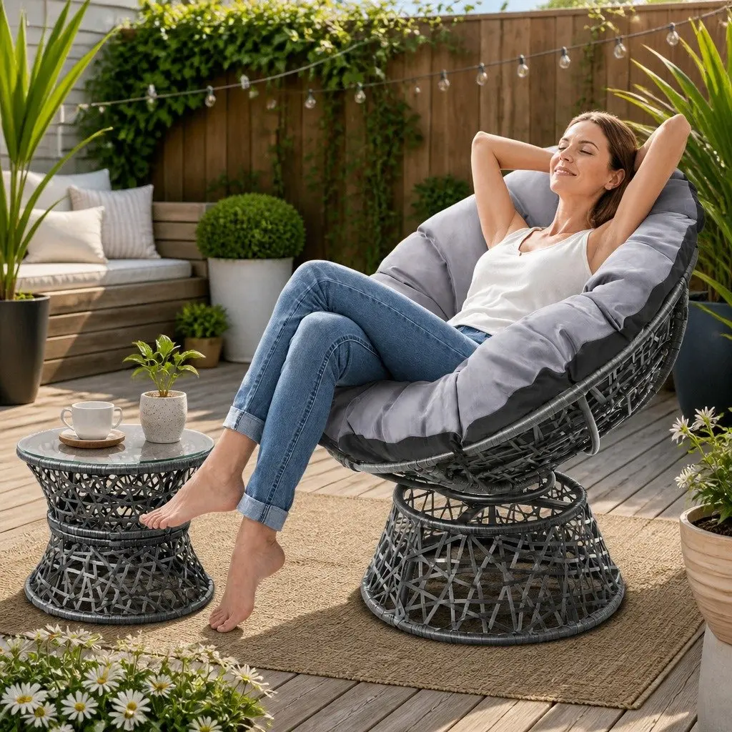 Outdoor Papasan Chair Set with Steel Frame and Water-Resistant Cushion in Grey Wicker and Side Table with Tempered Glass Top