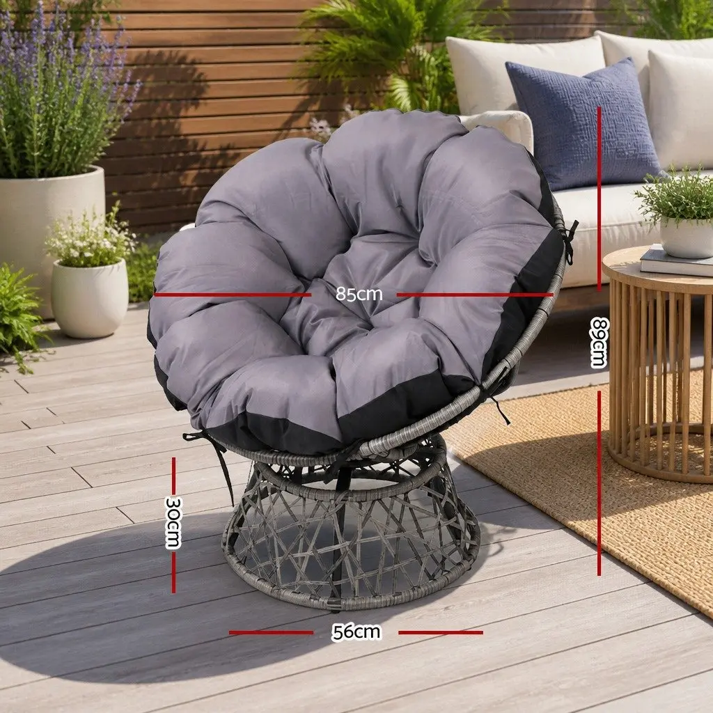 Outdoor Papasan Chair Set with Steel Frame and Water-Resistant Cushion in Grey Wicker and Side Table with Tempered Glass Top
