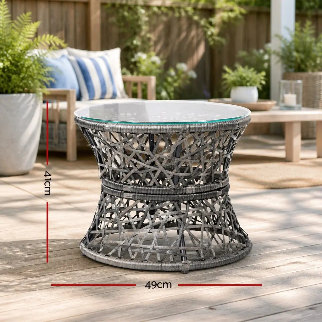 Outdoor Papasan Chair Set with Steel Frame and Water-Resistant Cushion in Grey Wicker and Side Table with Tempered Glass Top