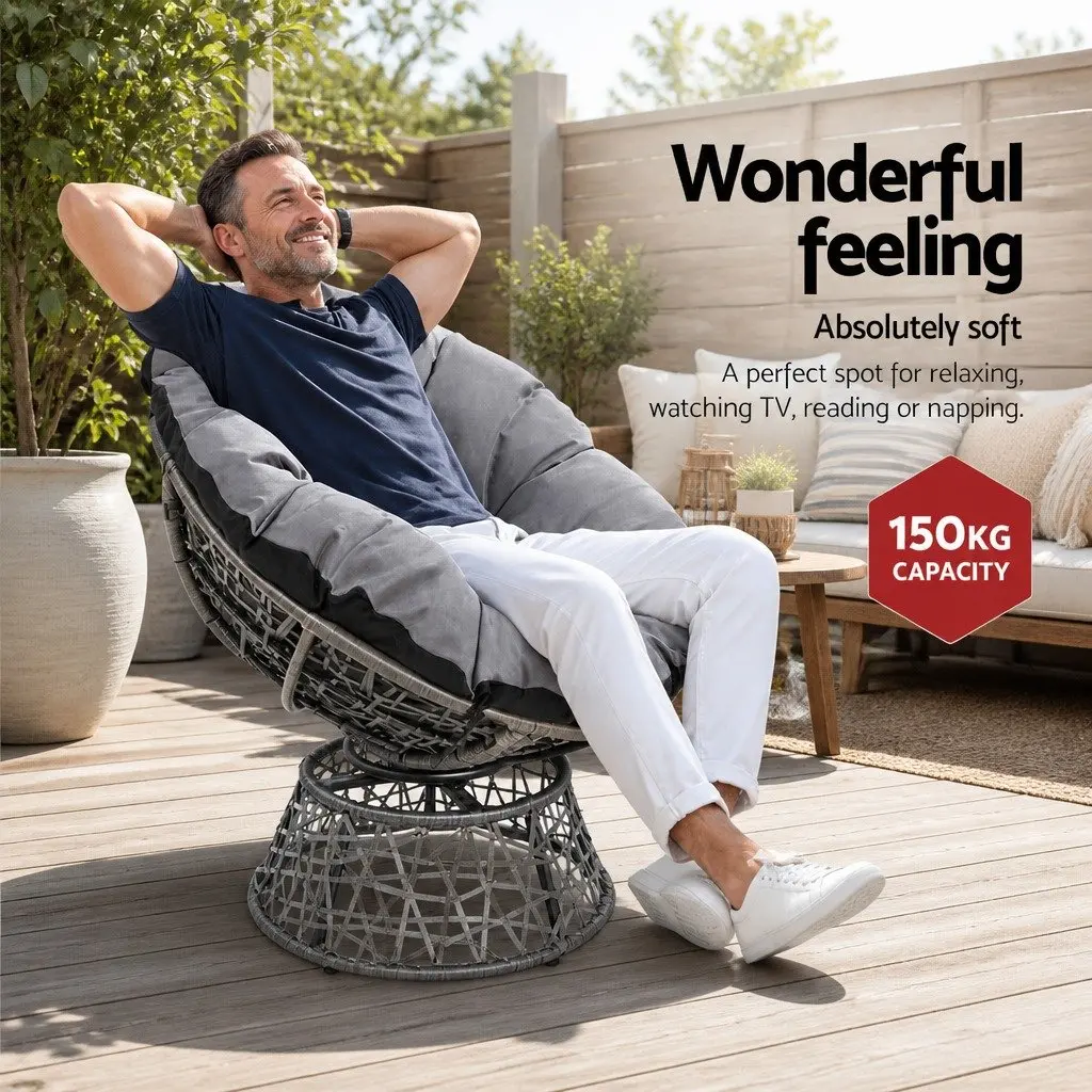 Outdoor Papasan Chair Set with Steel Frame and Water-Resistant Cushion in Grey Wicker and Side Table with Tempered Glass Top