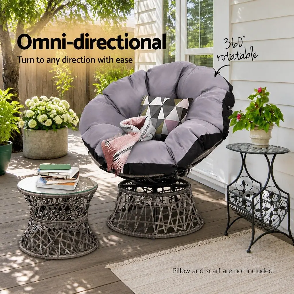Outdoor Papasan Chair Set with Steel Frame and Water-Resistant Cushion in Grey Wicker and Side Table with Tempered Glass Top