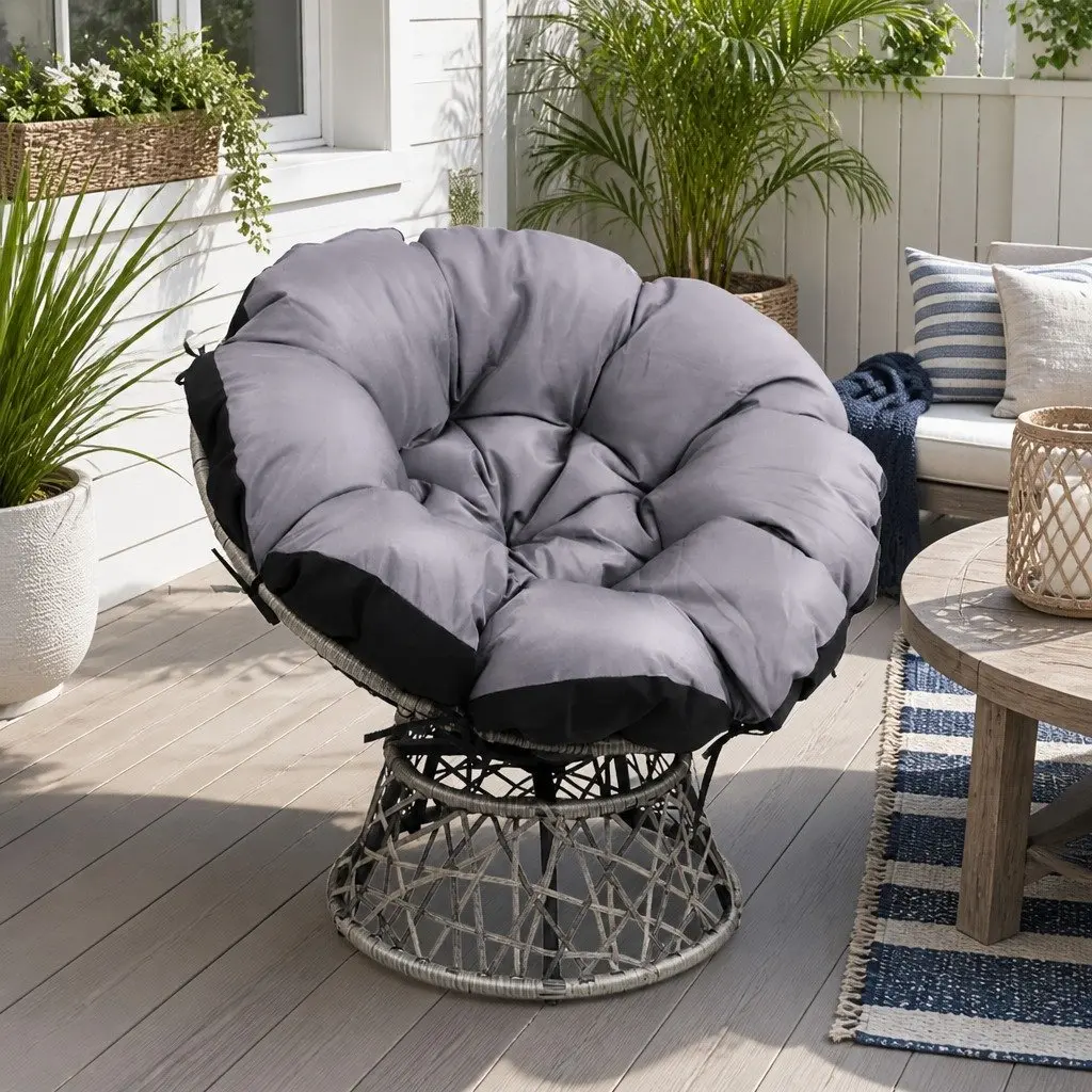 Papasan Chair Wicker 360 Degree Rotatable Outdoor Indoor Grey