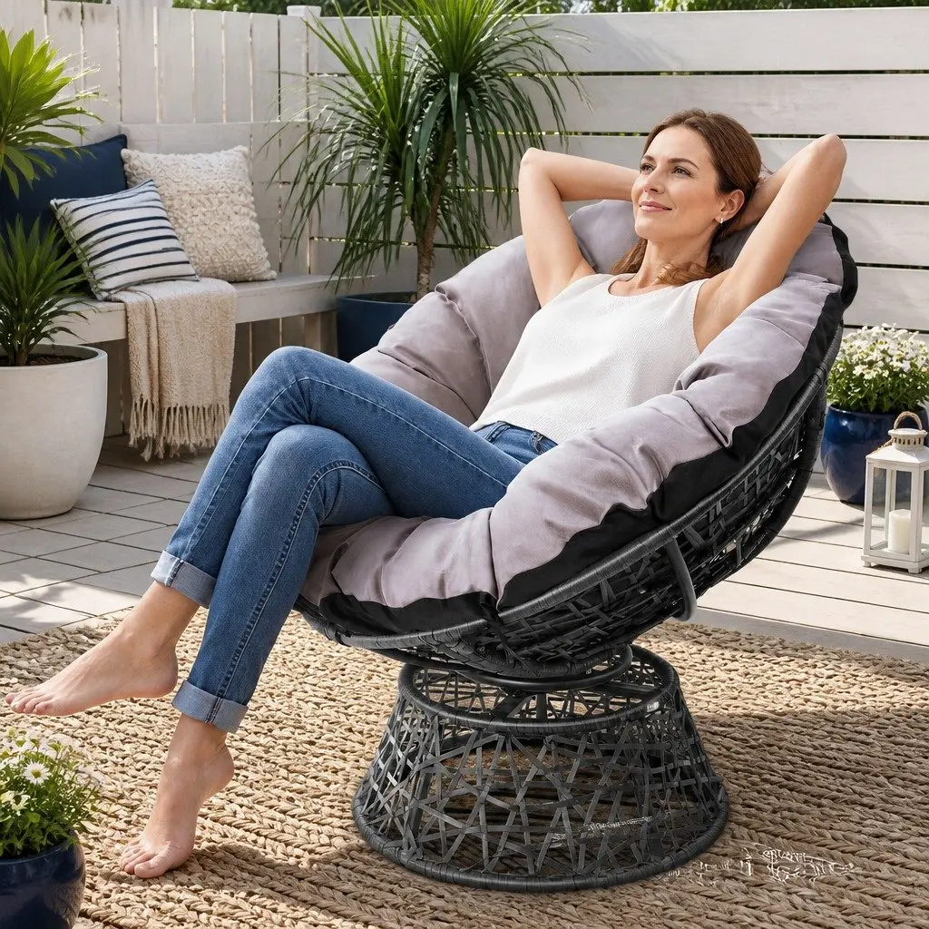 Papasan Chair Wicker 360 Degree Rotatable Outdoor Indoor Grey