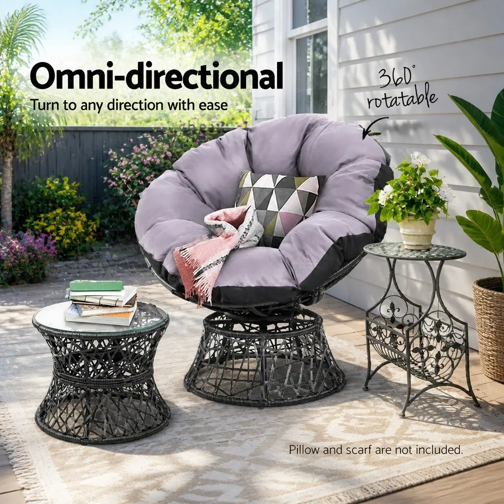 Papasan Chair and Side Table Set Outdoor Patio Wicker Lounge Furniture Black