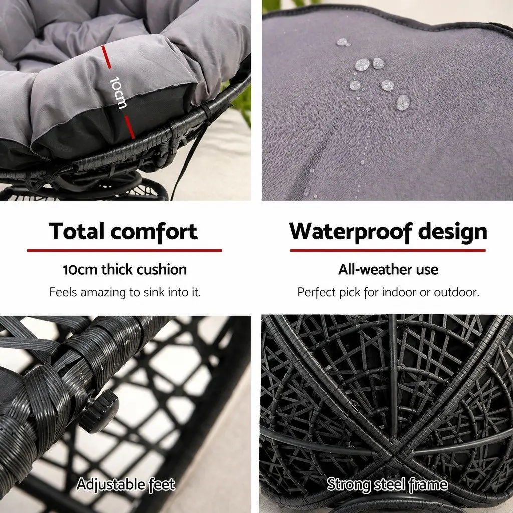Papasan Chair and Side Table Set Outdoor Patio Wicker Lounge Furniture Black