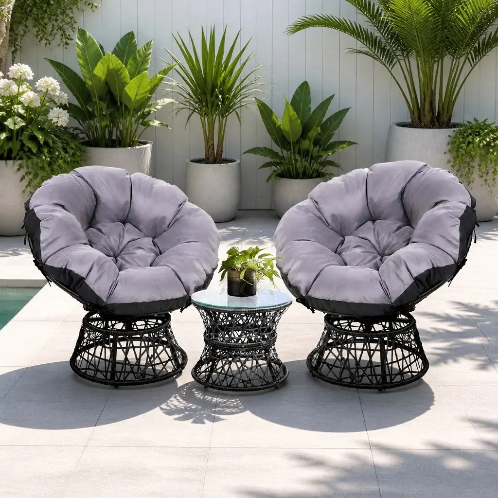 Papasan Chair and Side Table Set Outdoor Patio Wicker Lounge Furniture Black