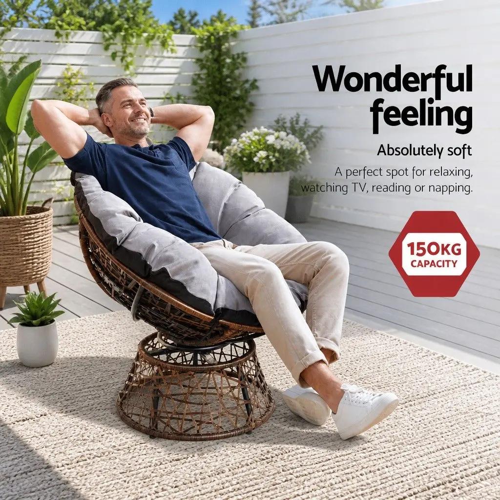 Outdoor Papasan Chair Side Table Setting Wicker Patio Furniture Brown 2-Piece