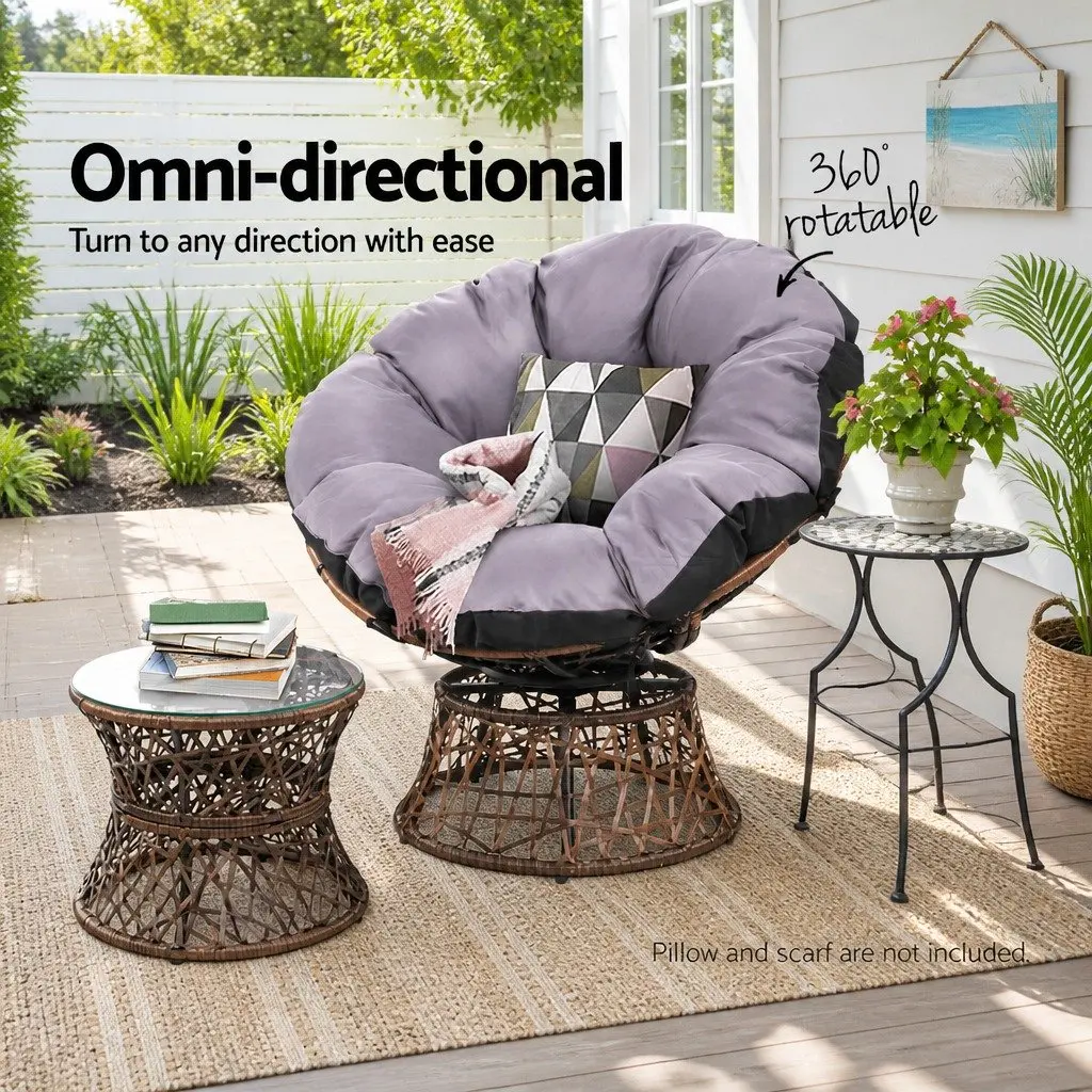 Outdoor Papasan Chair Side Table Setting Wicker Patio Furniture Brown 2-Piece