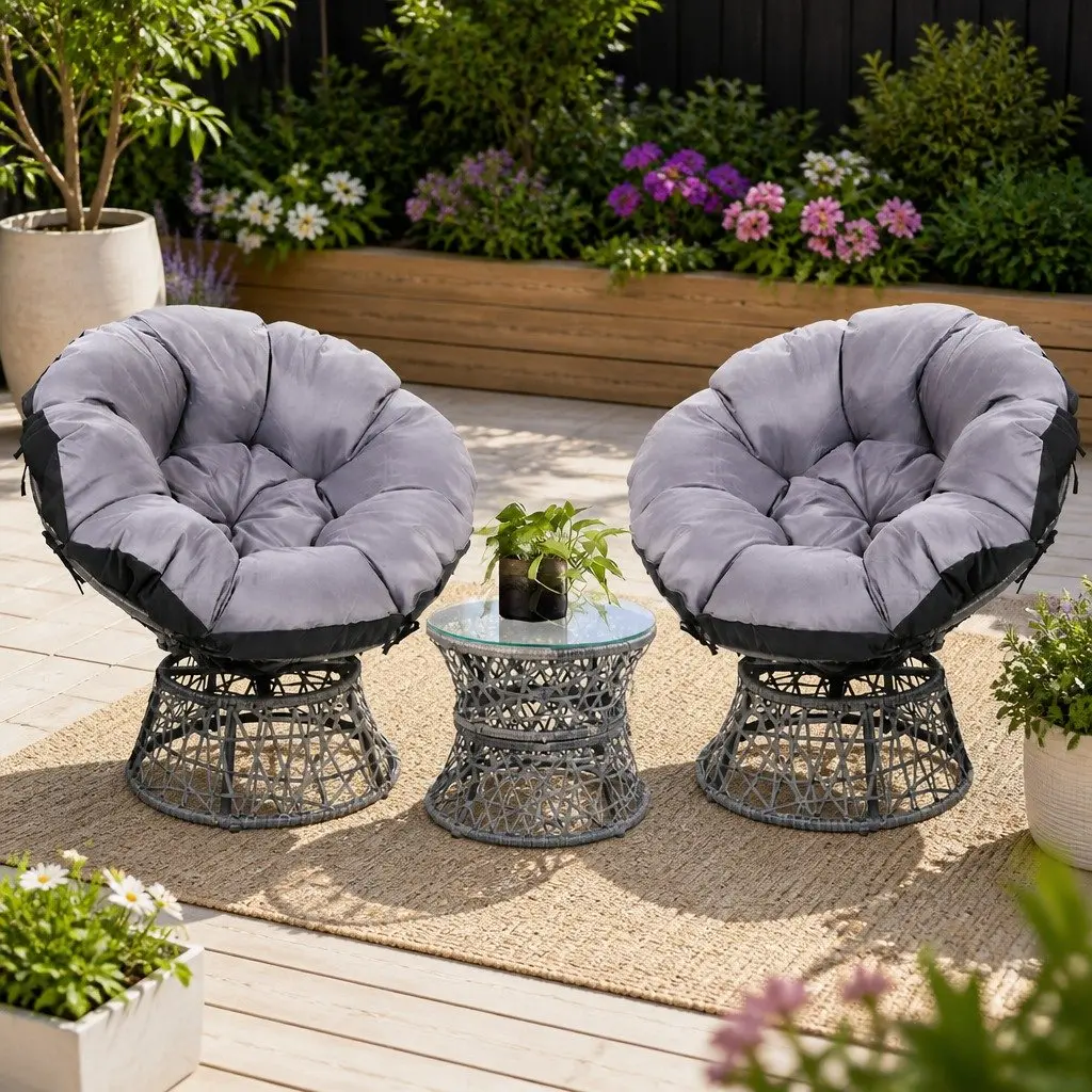 Outdoor Papasan Chairs & Side Table Set Wicker Rattan Patio Furniture Grey