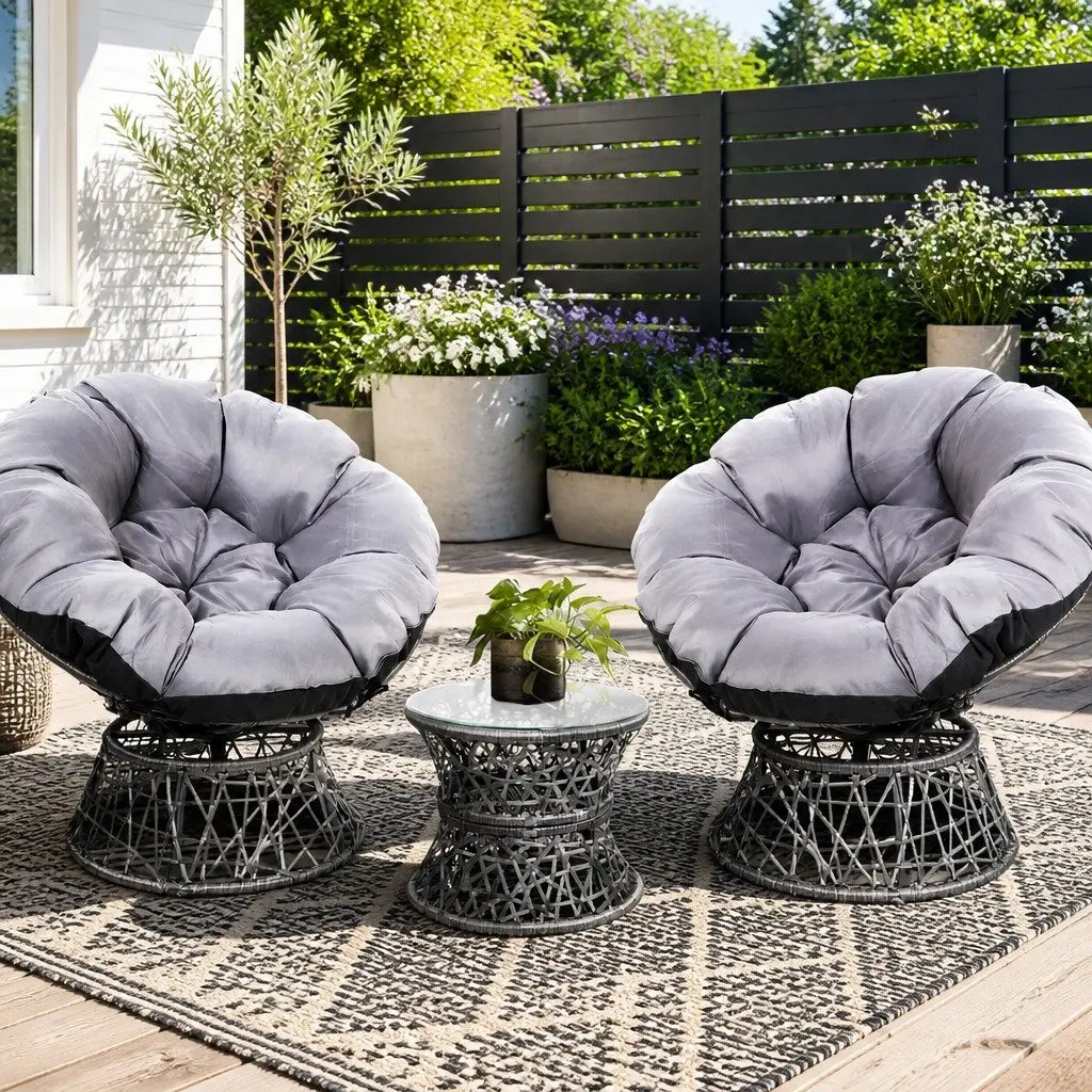 Outdoor Papasan Chairs & Side Table Set Wicker Rattan Patio Furniture Grey