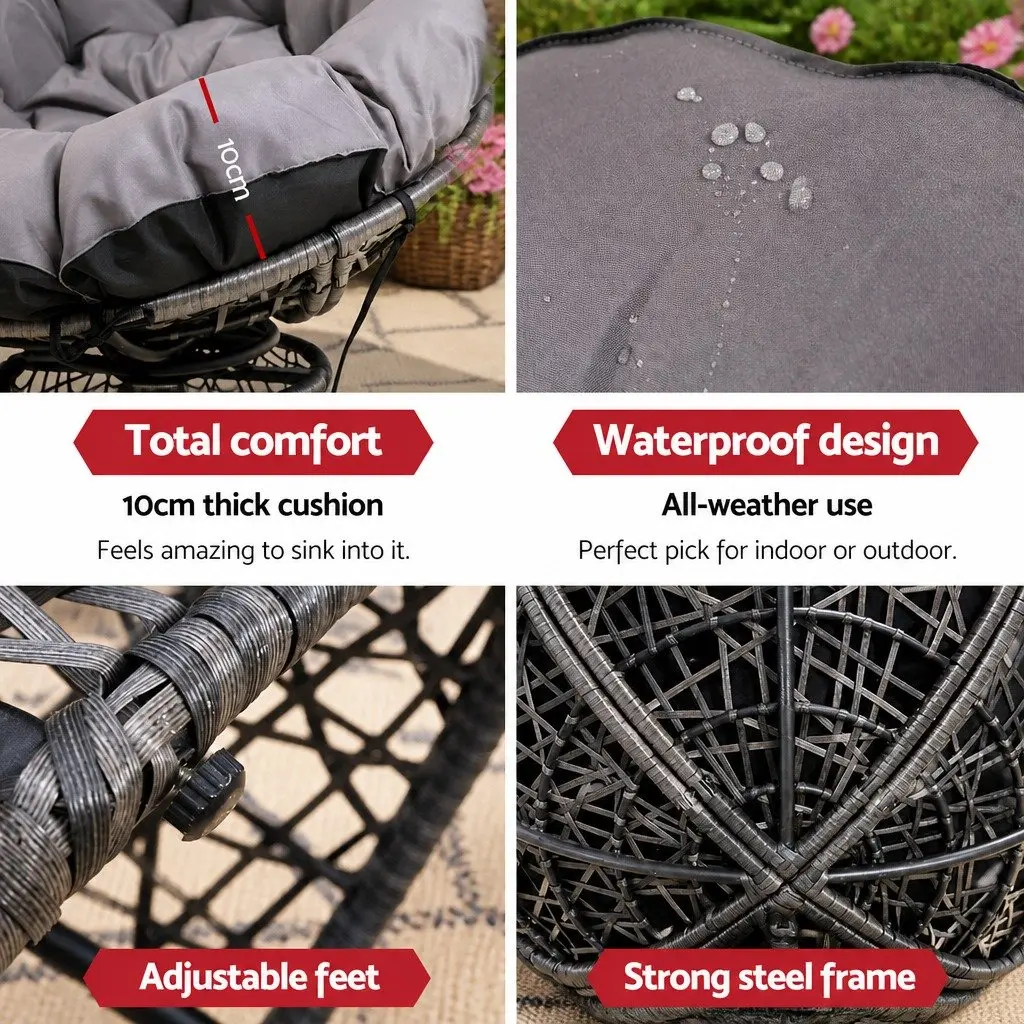 Outdoor Papasan Chairs & Side Table Set Wicker Rattan Patio Furniture Grey