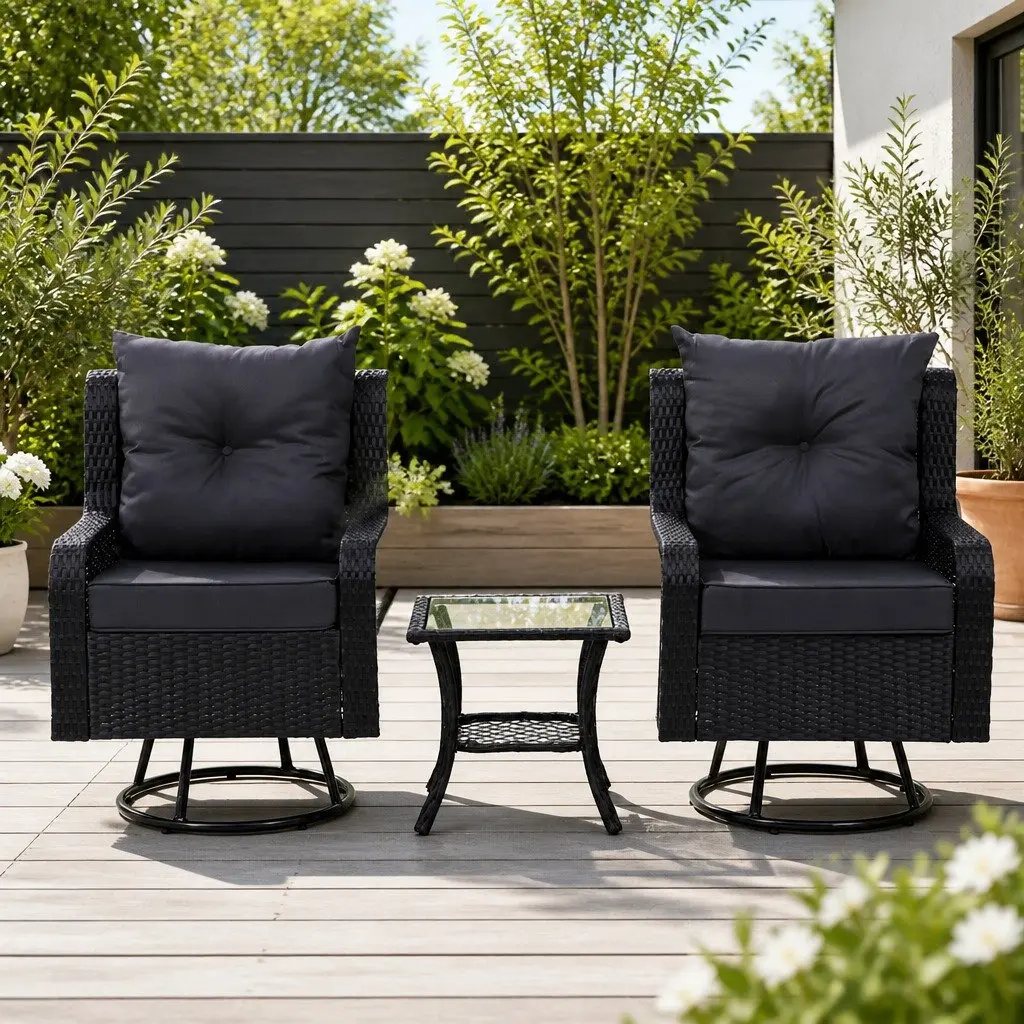 3 Piece Outdoor Swivel Chair Bistro Set PE Wicker Steel Frame Brown