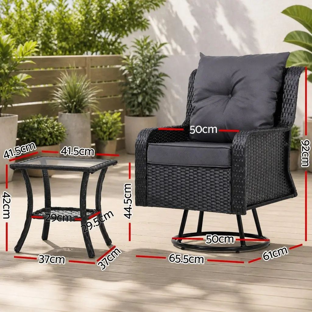 3 Piece Outdoor Swivel Chair Bistro Set PE Wicker Steel Frame Brown