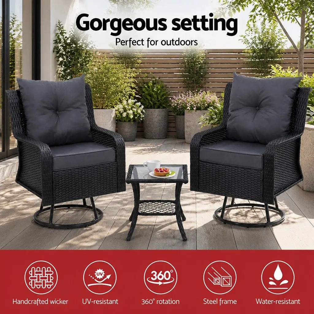 3 Piece Outdoor Swivel Chair Bistro Set PE Wicker Steel Frame Brown