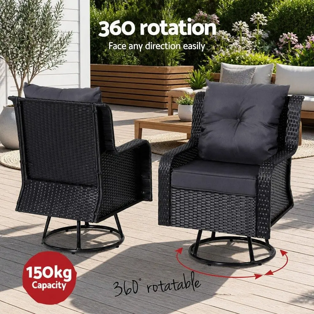 3 Piece Outdoor Swivel Chair Bistro Set PE Wicker Steel Frame Brown