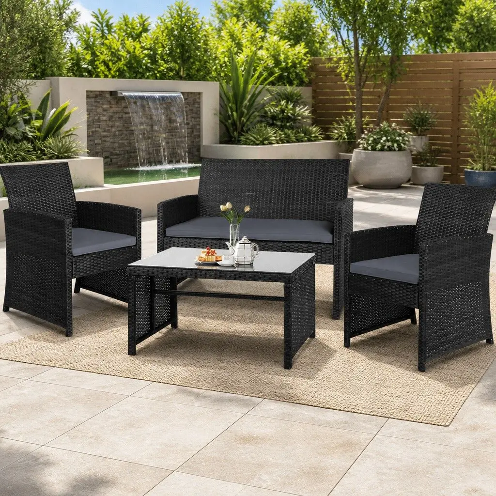 Outdoor Sofa Set 4 Piece Rattan Chair Furniture with Storage Cover Black